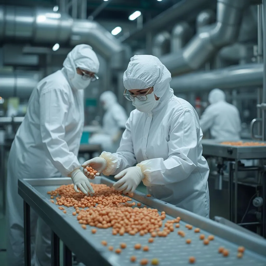 Trabajadores en una planta de procesamiento de alimentos en Argentina, asegurando la calidad